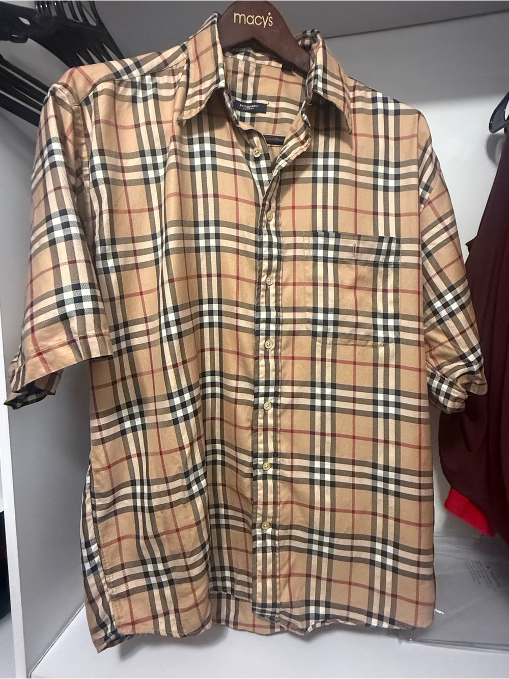 Burberry Beige Plaid Short-Sleeve Button-Down Shirt